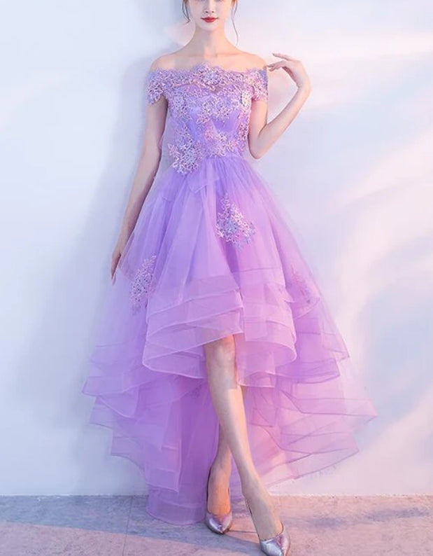 Luolandi Cute High Low Tulle Prom Dress Off the Shoulder Homecoming Dress Light Purple Beautiful Cocktail Dress